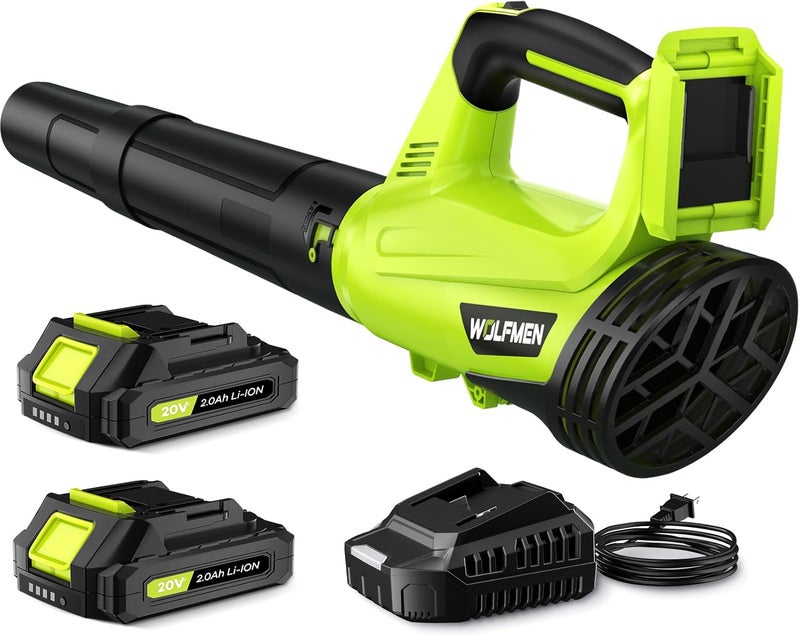 WOLFMEN Leaf Blower, Electric Cordless Leaf Blower with 2 Batteries and Charger, 2 Speed Mode, Lightweight Cordless Blower for Blowing Leaves, Patio Cleaning, Blowers for Lawn Care and Dust - Image 1